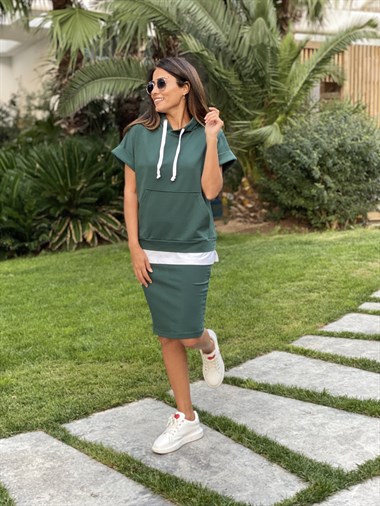 Yeşil Kapüşonlu Sweatshirt Etek Kadın İkili  Takım