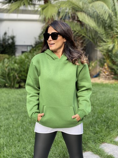 Yeşil Kapüşonlu Üç İplik Kanguru Cep Kadın Sweatshirt