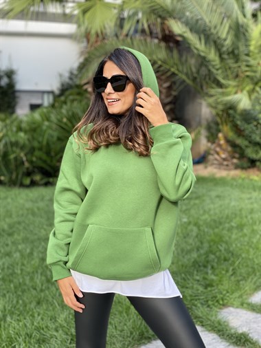 Yeşil Kapüşonlu Üç İplik Kanguru Cep Kadın Sweatshirt