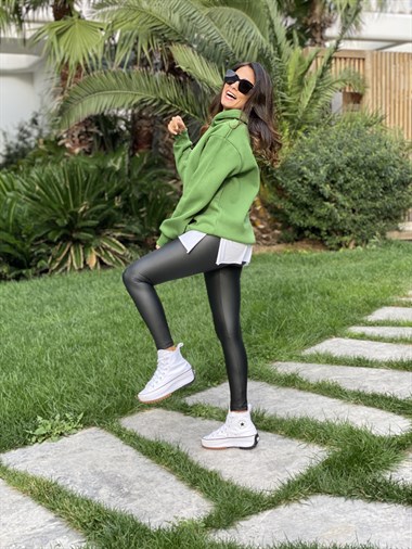 Yeşil Kapüşonlu Üç İplik Kanguru Cep Kadın Sweatshirt