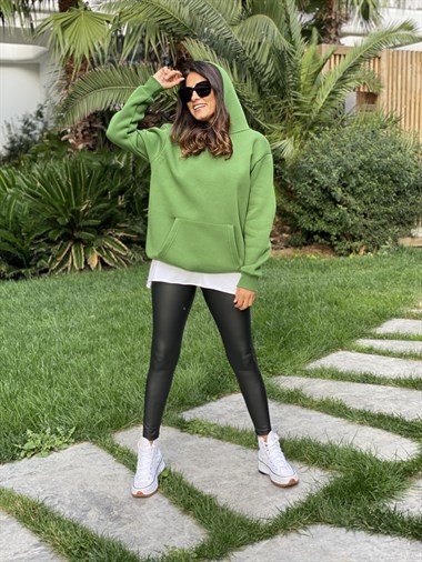 Yeşil Kapüşonlu Üç İplik Kanguru Cep Kadın Sweatshirt