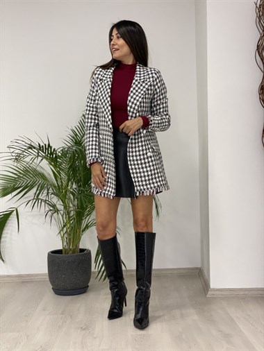 Yeşil Kareli Eteği Püsküllü Tüvit Kadın Ceket