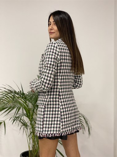 Yeşil Kareli Eteği Püsküllü Tüvit Kadın Ceket