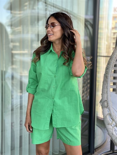 Yeşil Keten Gömlek Şort İkili Kadın Takım