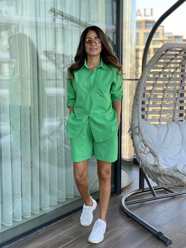 Yeşil Keten Gömlek Şort İkili Kadın Takım