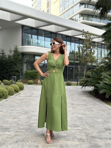 Yeşil Keten Önü Düğüm Detay Arka Beli Lastikli Sıfır Kol Yırtmaçlı Kadın Elbise 