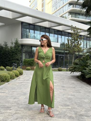 Yeşil Keten Önü Düğüm Detay Arka Beli Lastikli Sıfır Kol Yırtmaçlı Kadın Elbise 