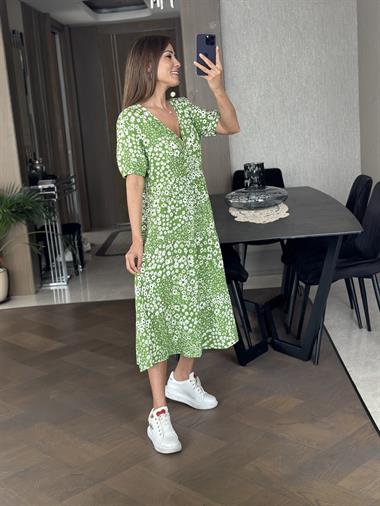 Yeşil Kruvaze Yaka Kısa Kol Çiçek Desen Kadın Elbise
