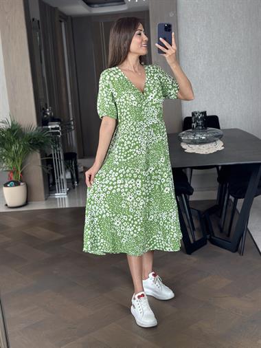 Yeşil Kruvaze Yaka Kısa Kol Çiçek Desen Kadın Elbise