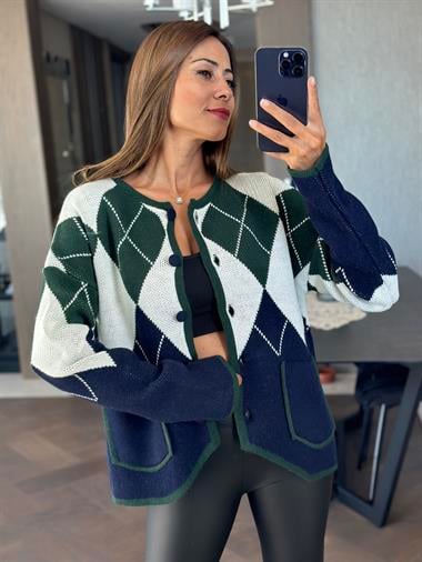 Yeşil Lacivert Baklava Desen Cepli Kadın Hırka