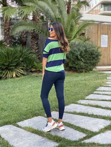 Yeşil Lacivert Kalın Çizgili Merserize Kadın Bluz