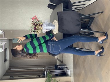 Yeşil Lacivert Kalın Çizgili Pike Örgü Önü Düğmeli Kadın Hırka