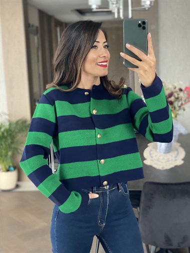Yeşil Lacivert Kalın Çizgili Pike Örgü Önü Düğmeli Kadın Hırka