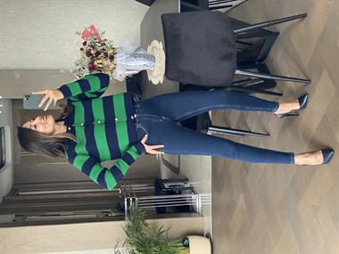 Yeşil Lacivert Kalın Çizgili Pike Örgü Önü Düğmeli Kadın Hırka