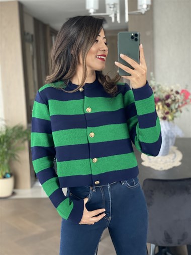 Yeşil Lacivert Kalın Çizgili Pike Örgü Önü Düğmeli Kadın Hırka