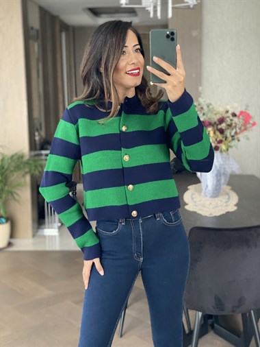 Yeşil Lacivert Kalın Çizgili Pike Örgü Önü Düğmeli Kadın Hırka