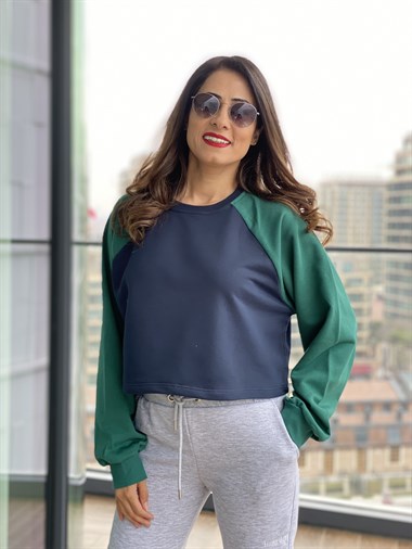 Yeşil Lacivert Kısa Sweatshirt