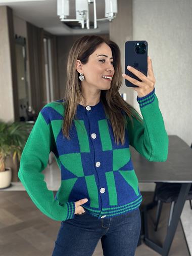 Yeşil Lacivert Taş Düğmeli Kadın Triko Hırka