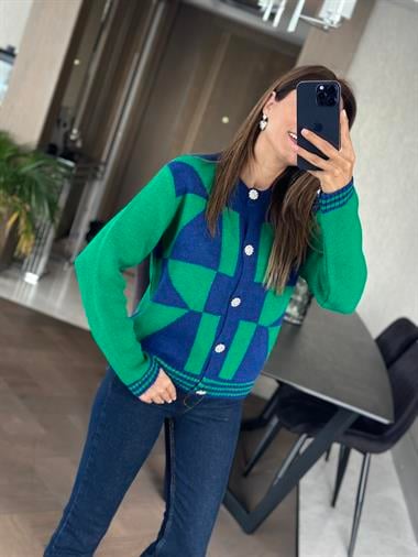 Yeşil Lacivert Taş Düğmeli Kadın Triko Hırka