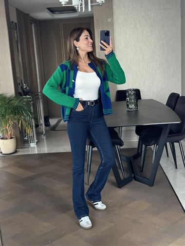 Yeşil Lacivert Taş Düğmeli Kadın Triko Hırka