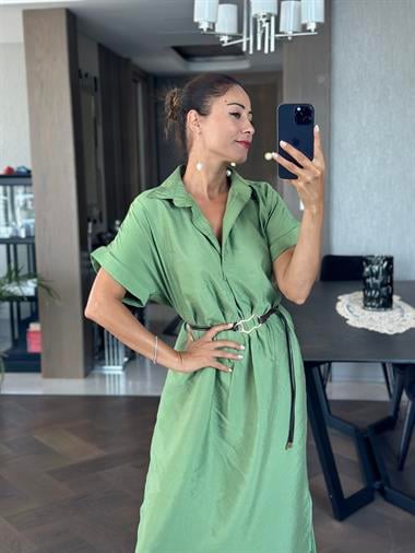 Yeşil Masimo Gömlek Yaka Çift Yırtmaçlı Midi Boy Tnsel Kadın Gömlek Elbise 