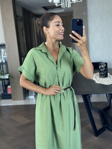 Yeşil Masimo Gömlek Yaka Çift Yırtmaçlı Midi Boy Tnsel Kadın Gömlek Elbise 