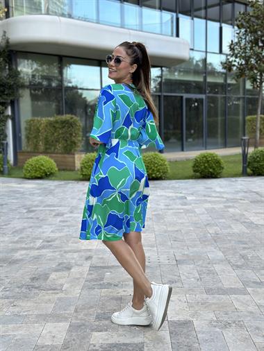 Yeşil Mavi Desenli Beli Lastikli Geniş Kol Viskon Kadın Elbise