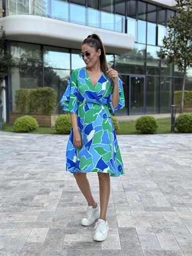 Yeşil Mavi Desenli Beli Lastikli Geniş Kol Viskon Kadın Elbise