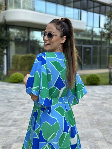 Yeşil Mavi Desenli Beli Lastikli Geniş Kol Viskon Kadın Elbise