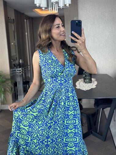 Yeşil Mavi Desenli Kruvaze Yaka Sıfır Kol Cepli Kadın Elbise 