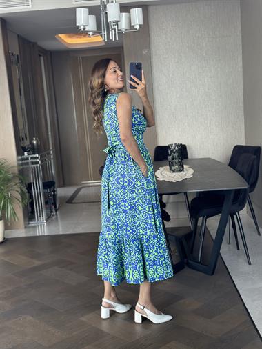 Yeşil Mavi Desenli Kruvaze Yaka Sıfır Kol Cepli Kadın Elbise 
