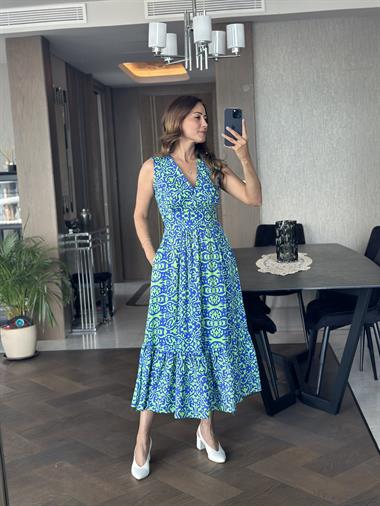 Yeşil Mavi Desenli Kruvaze Yaka Sıfır Kol Cepli Kadın Elbise 