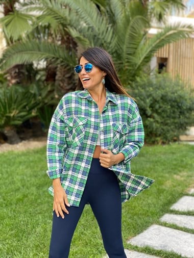 Yeşil Mavi Kareli Cebi Kapaklı Tüvit Kadın Gömlek