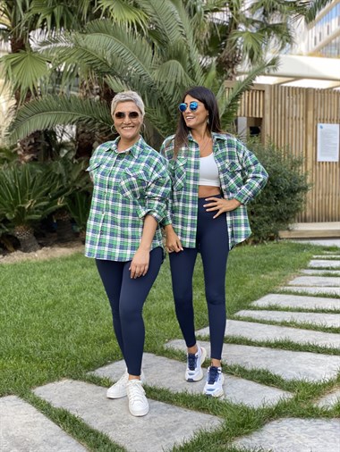 Yeşil Mavi Kareli Cebi Kapaklı Tüvit Kadın Gömlek