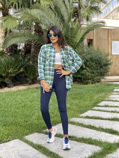 Yeşil Mavi Kareli Cebi Kapaklı Tüvit Kadın Gömlek