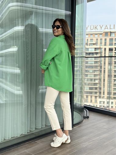 Yeşil Midye İşlemeli Keten Aerobin Kadın Gömlek