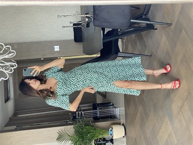 Yeşil Minik Kare Desenli Viskon Elbise