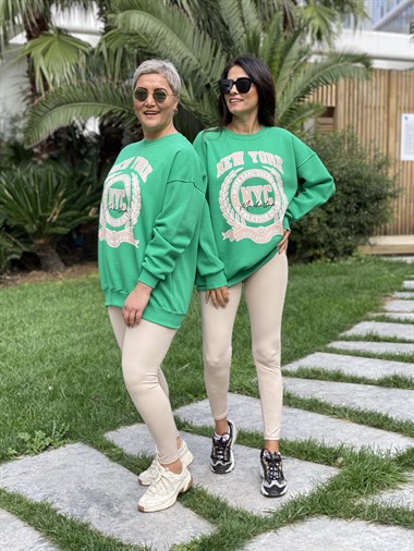 Yeşil New York Bisiklet Yaka İki İplik Kadın Sweatshirt