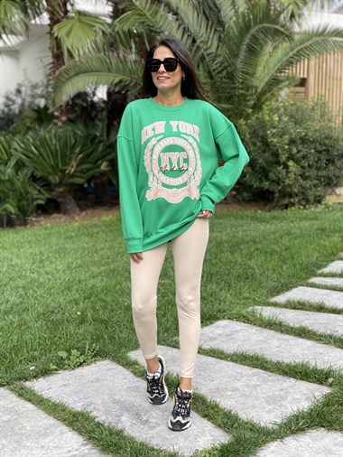 Yeşil New York Bisiklet Yaka İki İplik Kadın Sweatshirt