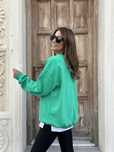 Yeşil Omzu Dikiş Detay Bisiklet Yaka Şardonlu Kadın Sweatshirt