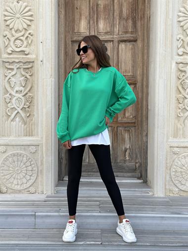 Yeşil Omzu Dikiş Detay Bisiklet Yaka Şardonlu Kadın Sweatshirt