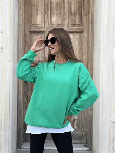 Yeşil Omzu Dikiş Detay Bisiklet Yaka Şardonlu Kadın Sweatshirt