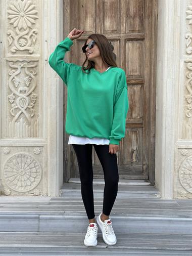 Yeşil Omzu Dikiş Detay Bisiklet Yaka Şardonlu Kadın Sweatshirt