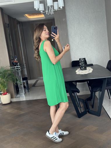 Yeşil Ön Arka U Yaka Kalın Askılı Kaşkorse Kadın Elbise 