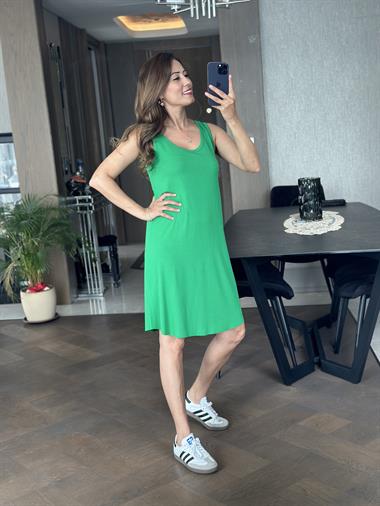 Yeşil Ön Arka U Yaka Kalın Askılı Kaşkorse Kadın Elbise 