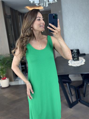 Yeşil Ön Arka U Yaka Kalın Askılı Kaşkorse Kadın Elbise 