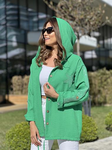 Yeşil Önü Yıldız İşlemeli Kapüşonlu Keten Aerobin Kadın Ceket