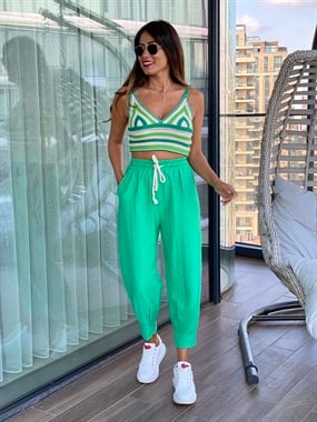 Yeşil Paça Pilili Keten Dokulu Kadın Pantolon