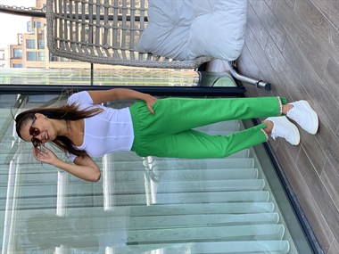 Yeşil Paçası İşleme Detay Ham Keten Kadın Pantolon