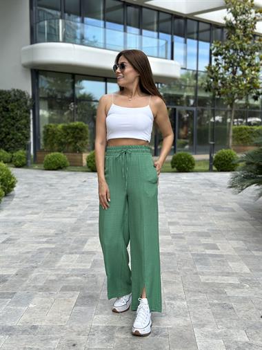 Yeşil Paçası Yırtmaçlı Bağcıklı Tin Tin Kadın Pantolon